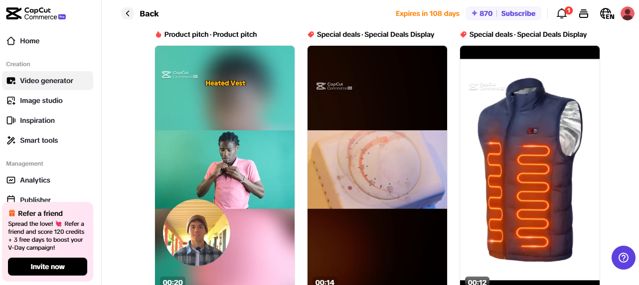 Pippit dashboard showcasing product pitch videos and a heated vest for dropshipping business strategies.